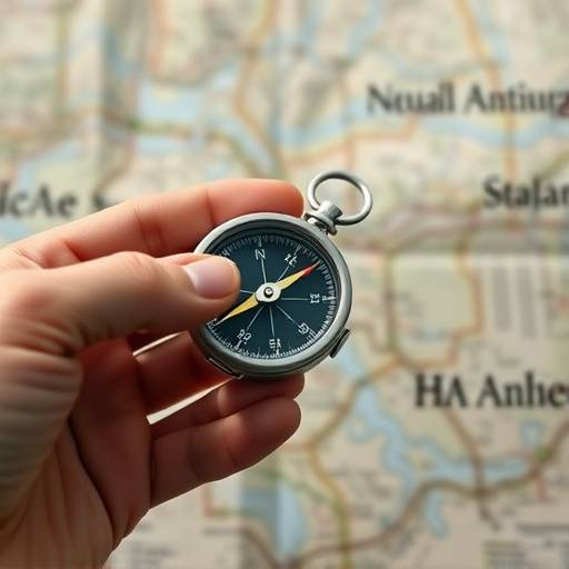 A close-up of a hand holding a compass and a map.
