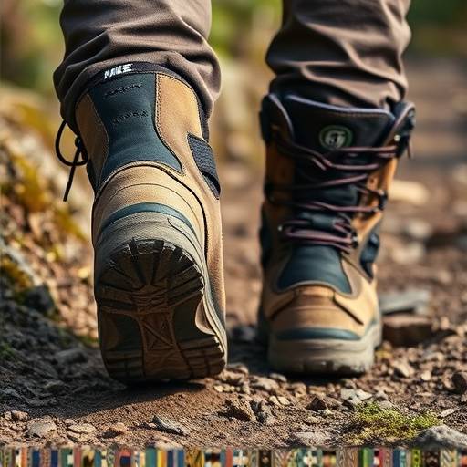 A close-up of a hiker's boots on a trail, showing good traction.