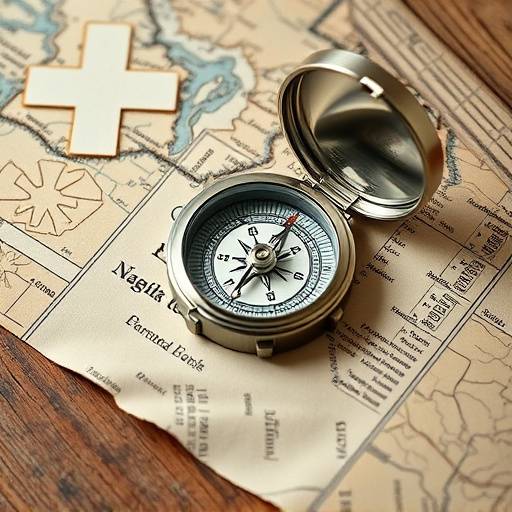 A compass and map laid out on a wooden table