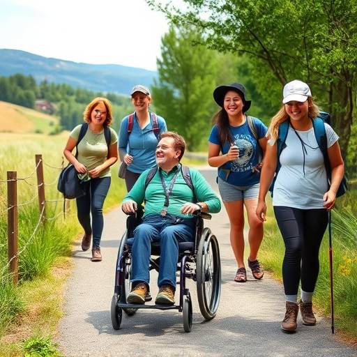 A diverse group of hikers, including someone using a wheelchair on a paved nature trail, smiling and enjoying the scenery.