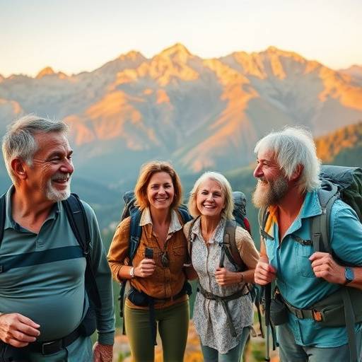 A diverse group of hikers of varying ages and backgrounds enjoying a scenic mountain vista.