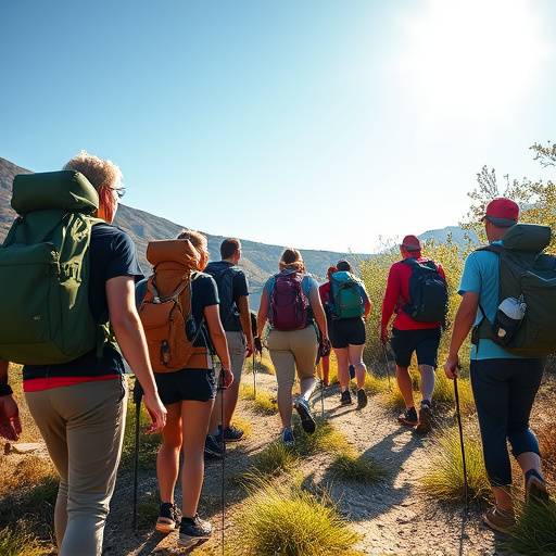 A diverse group of people hiking together on a sunny trail.