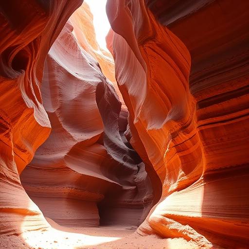 A dramatic view of towering red rock formations and a narrow slot canyon bathed in sunlight.