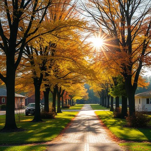 A gentle path winding through sun-dappled deciduous trees with vibrant autumn foliage.