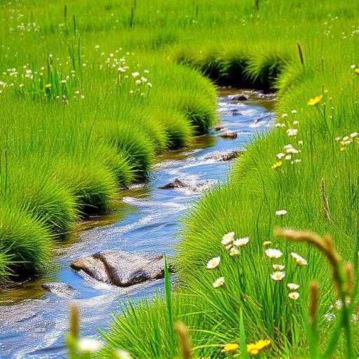 A gentle stream meandering through a lush green meadow dotted with wildflowers.