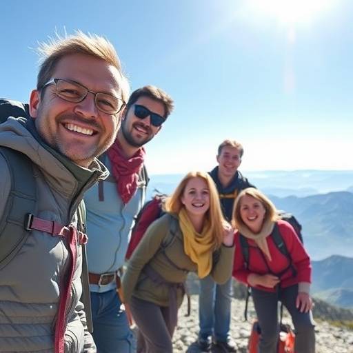 A group of diverse hikers smiling at the summit of a mountain