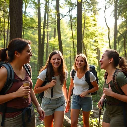 A group of friends enjoying a hike in a forest.