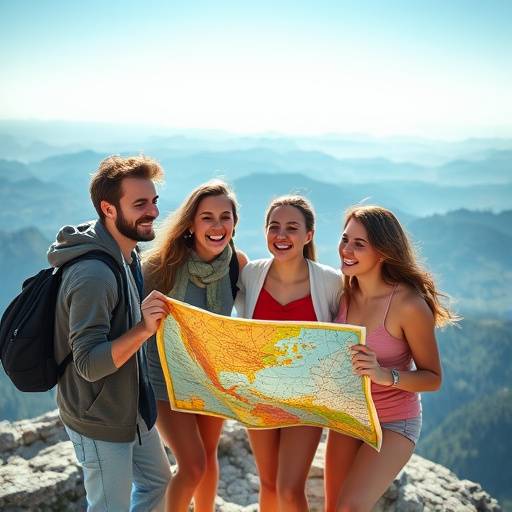 A group of friends laughing while looking at a map on a mountain summit.