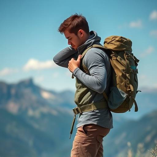 A hiker adjusting their backpack with a scenic mountain landscape in the background.
