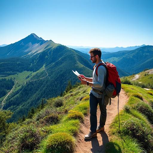 A hiker consulting a map on a mountain trail with lush greenery and a clear sky.