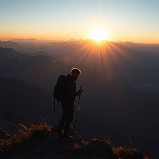 A hiker looking out at a vast mountain range at sunrise