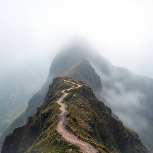 A majestic mountain peak shrouded in mist, with a winding trail leading towards it.