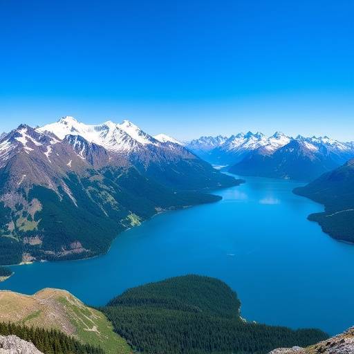 A panoramic view of snow-capped peaks and a serene alpine lake under a clear blue sky.