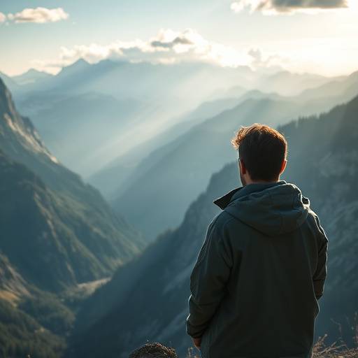 A person looking out at a vast, scenic mountain vista.