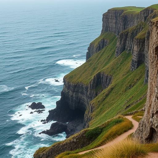 A rugged coastline with waves crashing against cliffs and a narrow path overlooking the sea.