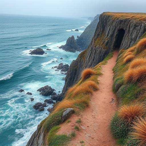 A scenic coastal path overlooking a rugged coastline with waves crashing against cliffs.