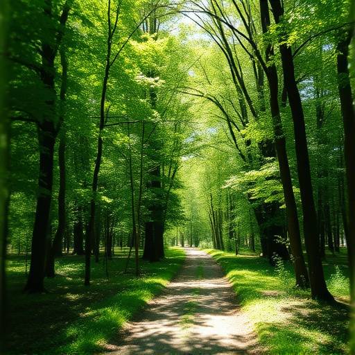 A serene forest path illuminated by dappled sunlight filtering through dense foliage.