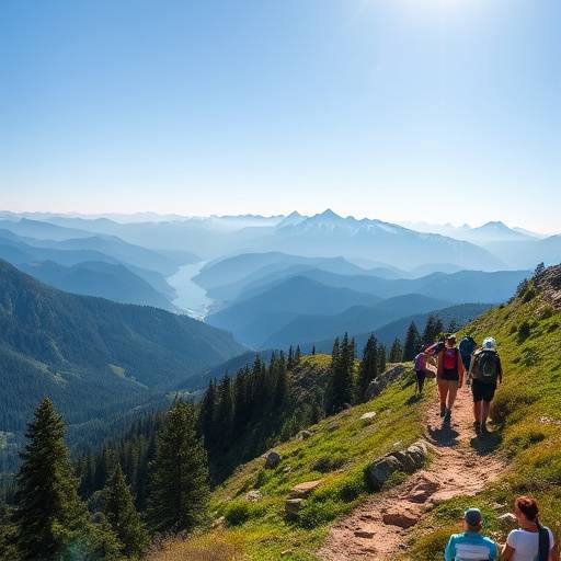 A serene mountain vista with hikers on a trail