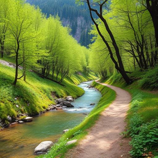 A serene trail meandering alongside a clear mountain stream, with lush green foliage.