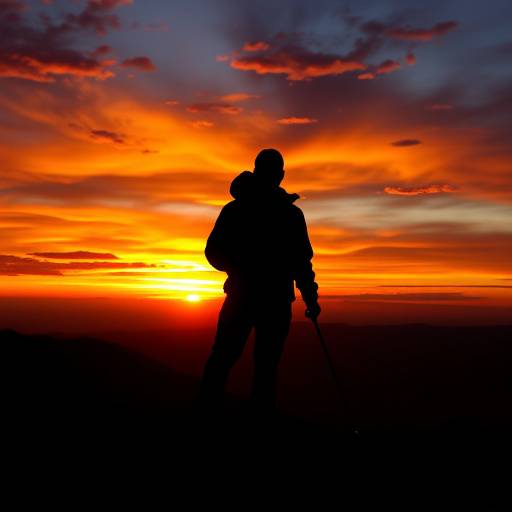 A silhouette of a hiker silhouetted against a vibrant sunset.
