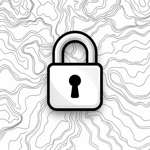A stylized lock icon superimposed on a background of topographical map lines