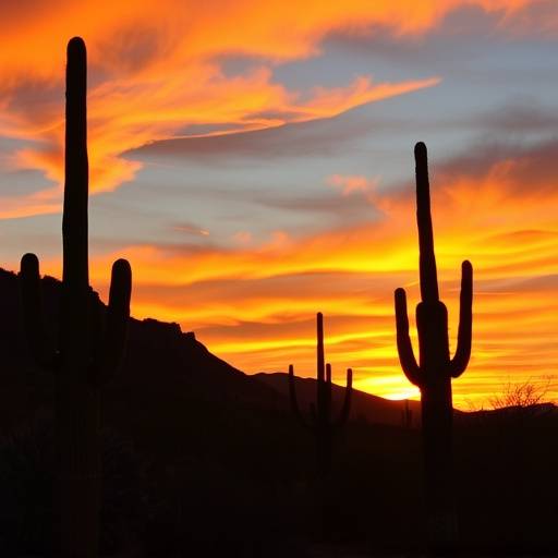 A vast desert landscape with Saguaro cacti silhouetted against a vibrant sunset.