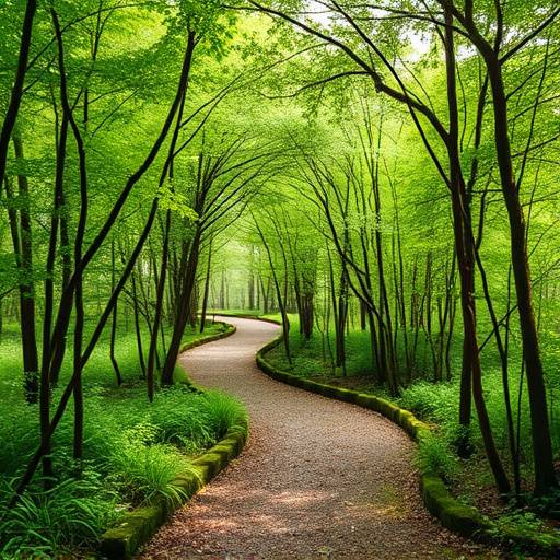 A winding trail leading through lush green woods.