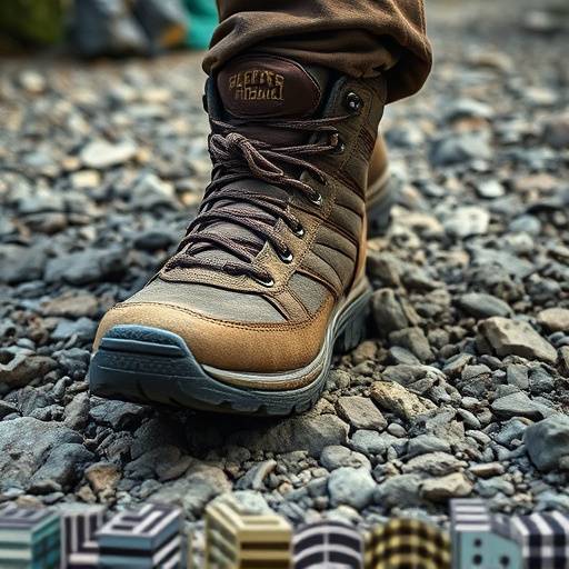 Close-up of a hiking boot on a rocky trail surface