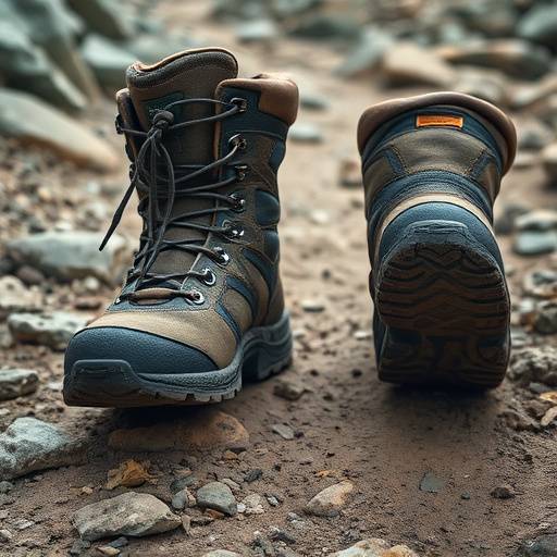 Close-up of hiking boots on a rocky trail.