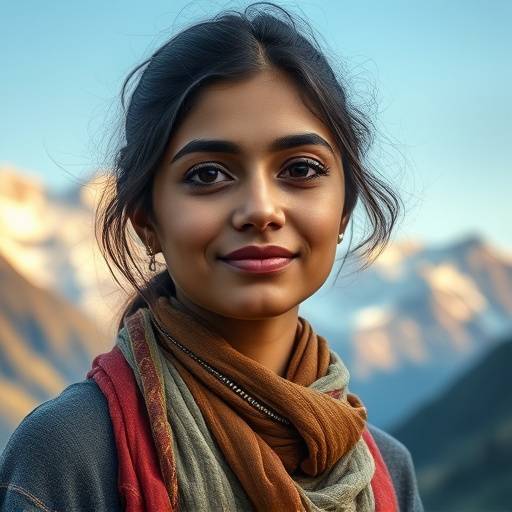 Portrait of Maya Singh, with a background of mountains.